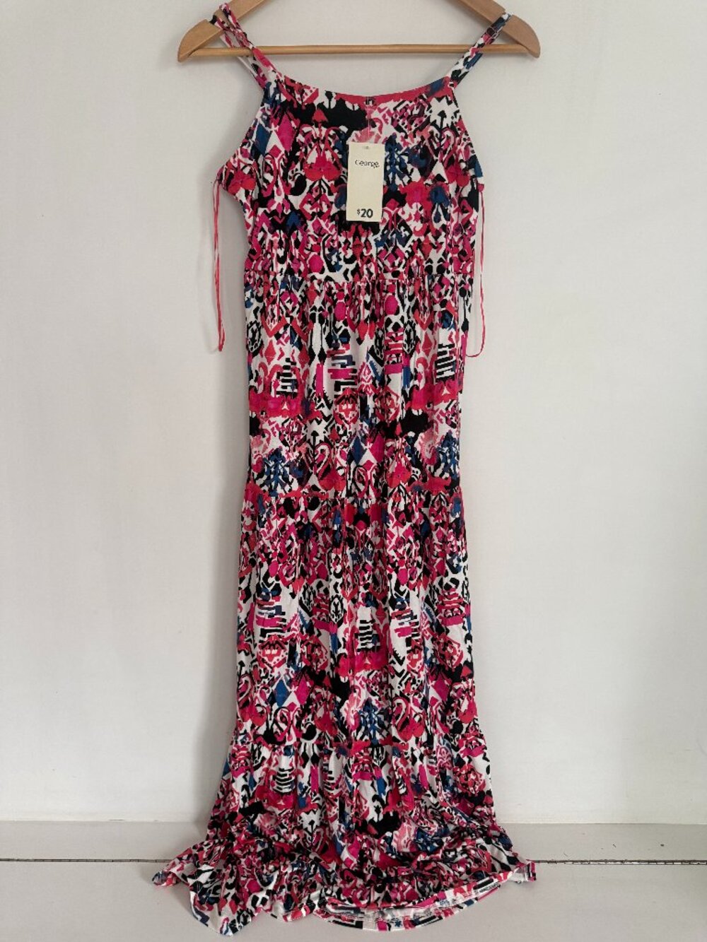 George Tiered Maxi Dress Pink Print Print Sz M Spaghetti Straps Beachy NWT